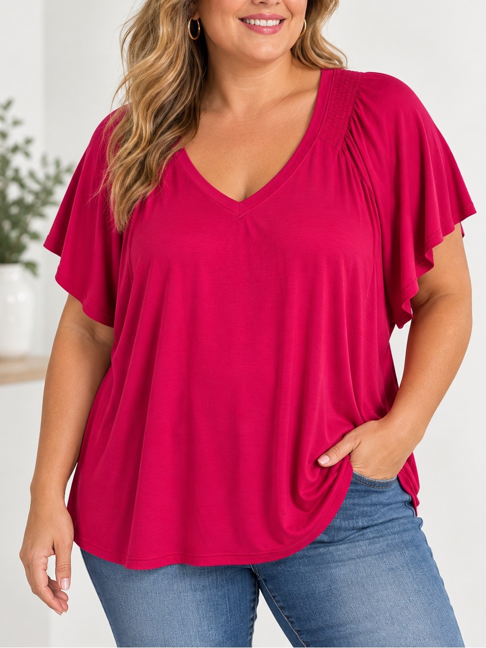 Liverpool Los Angeles Cerise Pink V-Neck Flutter Sleeve Top 2X NWT